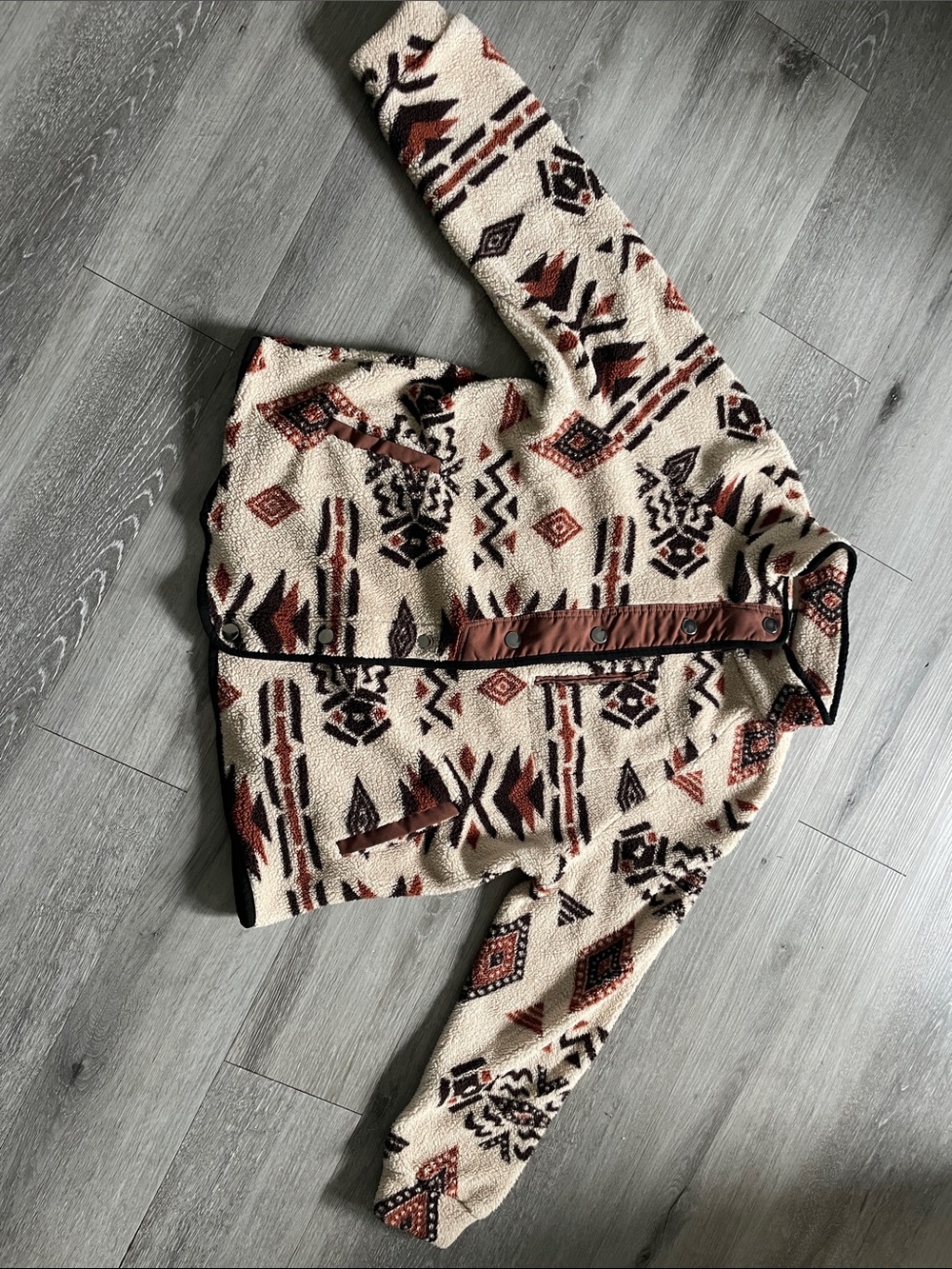 SHEIN Cream Sherpa Cardigan with Rust and Black Aztec design